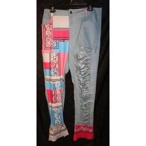 Women's Multi-Colored Bandana Patched Jeans With Pre Cut Rips Size 2XL